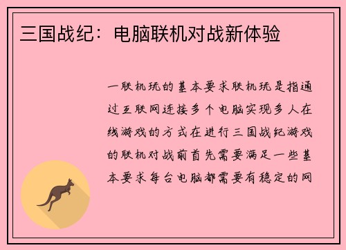 三国战纪：电脑联机对战新体验